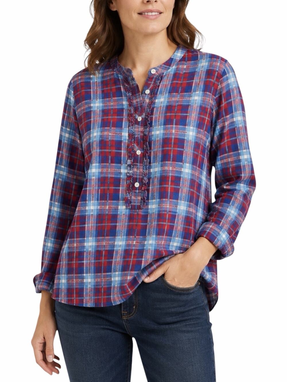 J. Crew Mercantile Flannel Plaid Popover Shirt Top Ruffle Blue Red Size XS